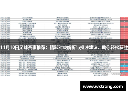 11月10日足球赛事推荐：精彩对决解析与投注建议，助你轻松获胜